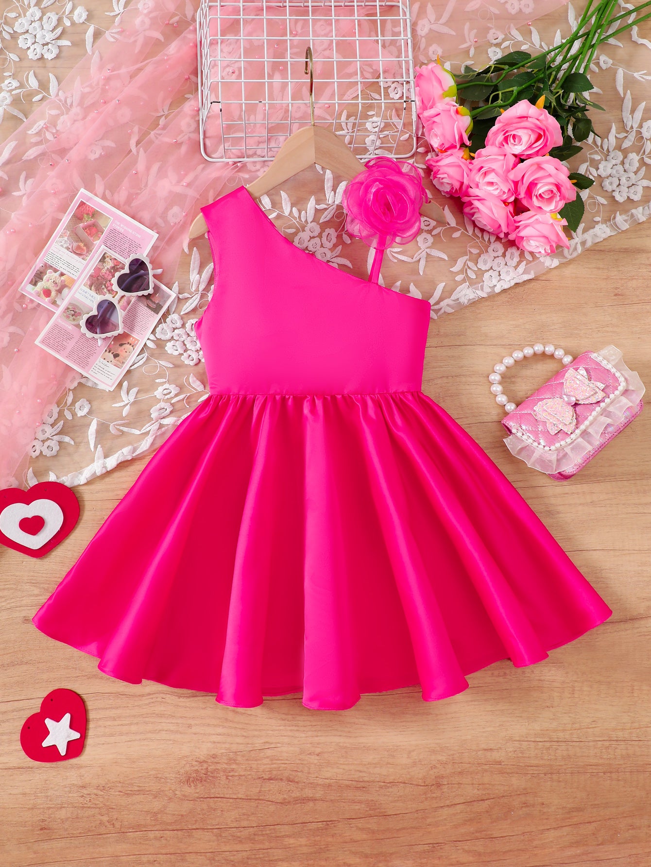 Girl's Rose Red Slant Shoulder Wrought Fabric Stereoscopic Flower Princess Dress
