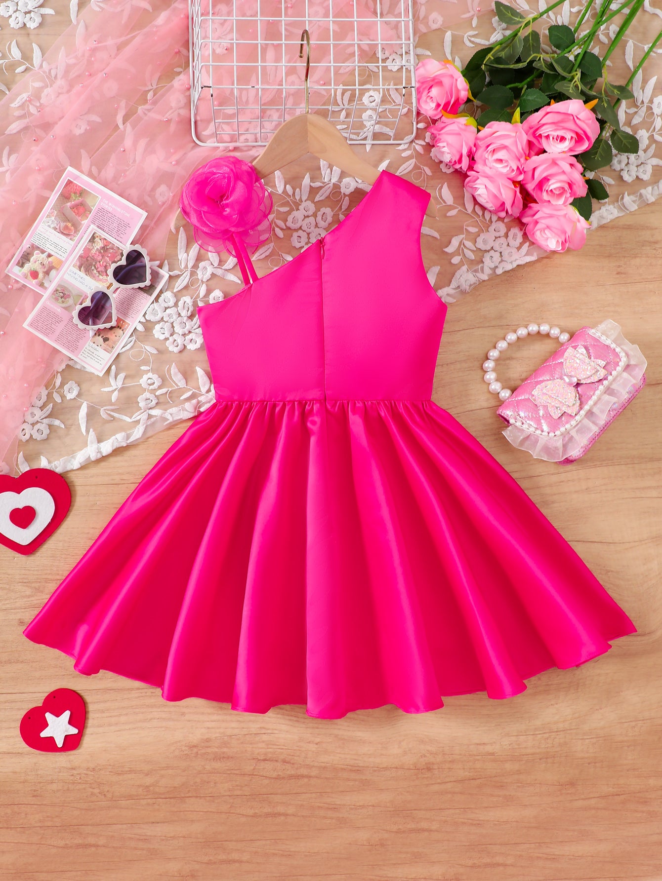 Girl's Rose Red Slant Shoulder Wrought Fabric Stereoscopic Flower Princess Dress