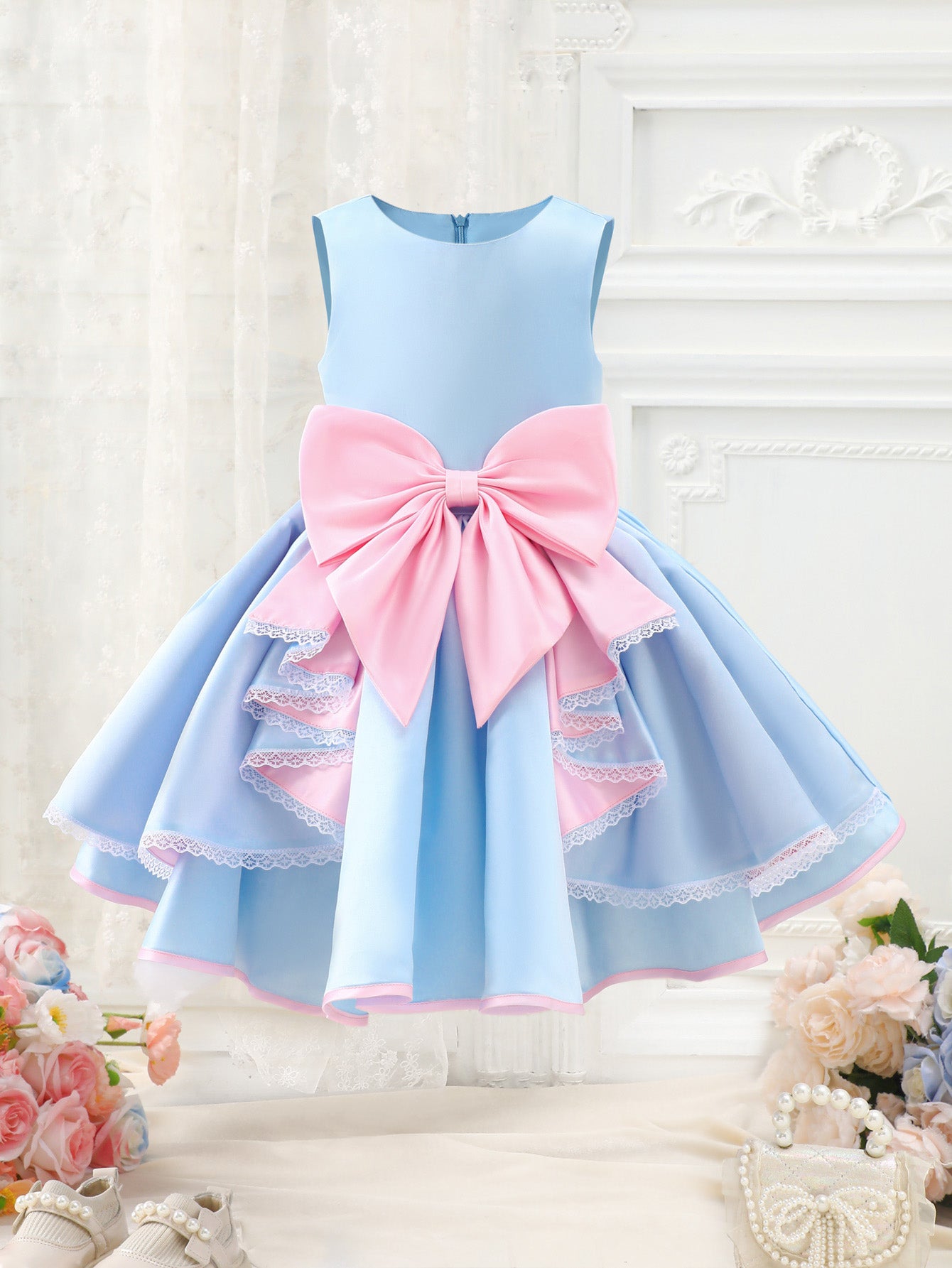Girl's Sweet Macaron Color Blocking, Baby Blue & Light Pink With Big Bow Ruffled Skirt & Lace & Detachable Bow At Back