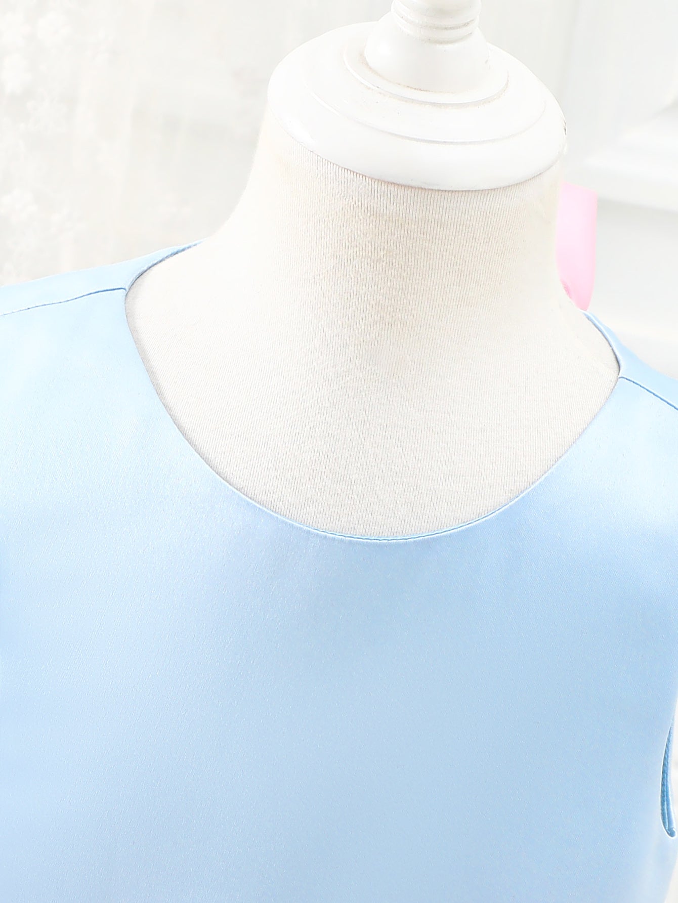 Girl's Sweet Macaron Color Blocking, Baby Blue & Light Pink With Big Bow Ruffled Skirt & Lace & Detachable Bow At Back