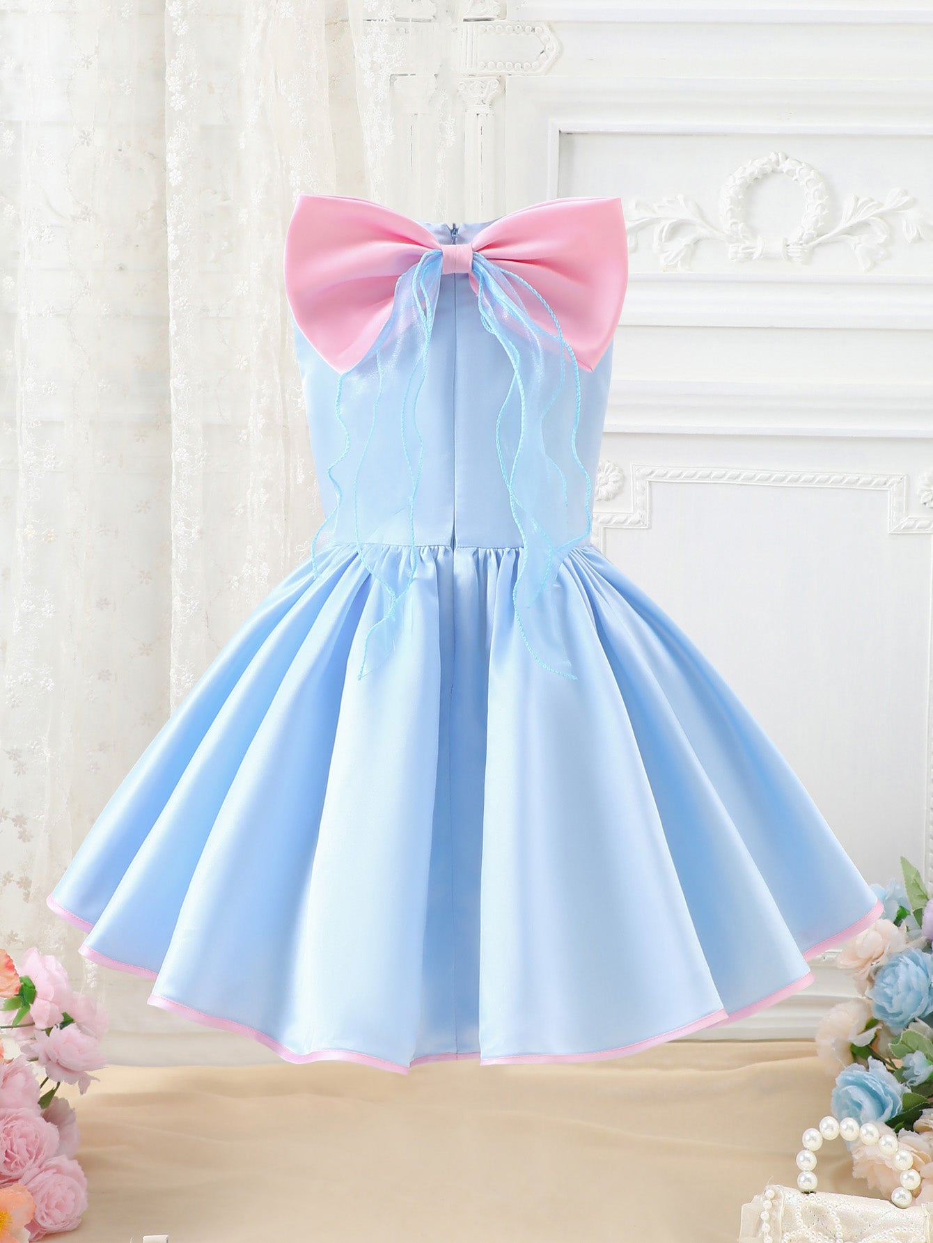 Girl's Sweet Macaron Color Blocking, Baby Blue & Light Pink With Big Bow Ruffled Skirt & Lace & Detachable Bow At Back