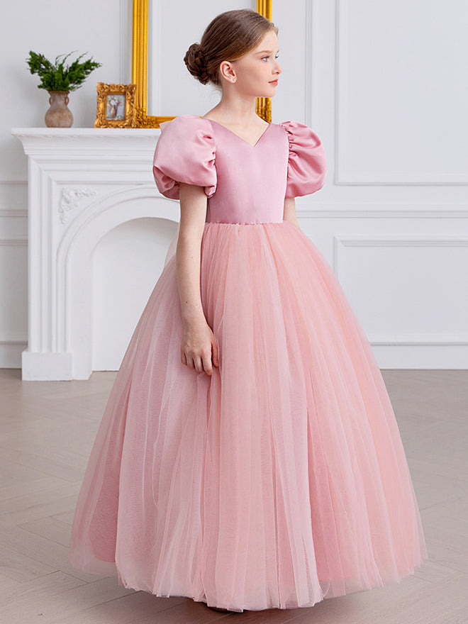 Puff Sleeve Backless Deep V Mesh Flower Girl Dress