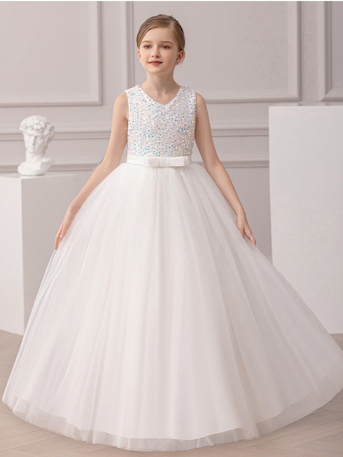 A-line Square Floor-Length Chiffon Sequin Junior Bridesmaid Dress