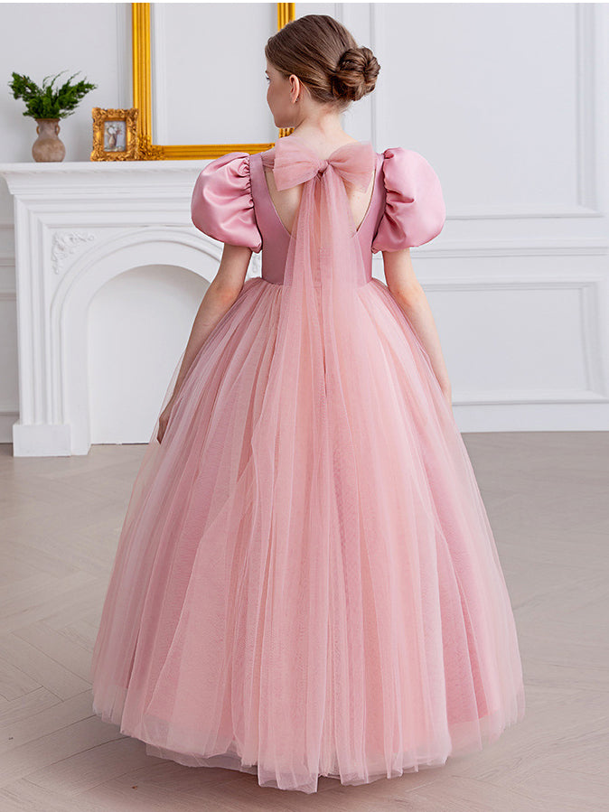 Puff Sleeve Backless Deep V Mesh Flower Girl Dress