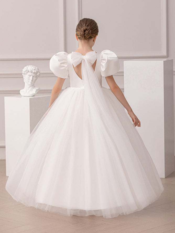Puff Sleeve Backless Deep V Mesh Flower Girl Dress