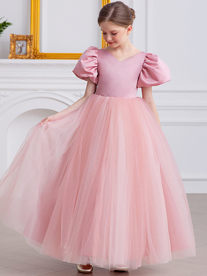 Puff Sleeve Backless Deep V Mesh Flower Girl Dress
