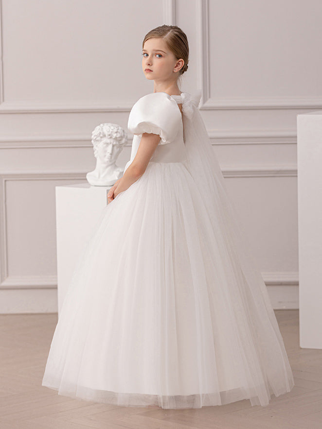 Puff Sleeve Backless Deep V Mesh Flower Girl Dress