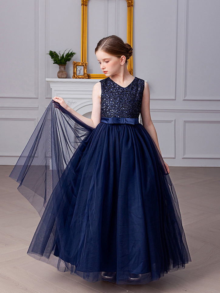 A-line Square Floor-Length Chiffon Sequin Junior Bridesmaid Dress