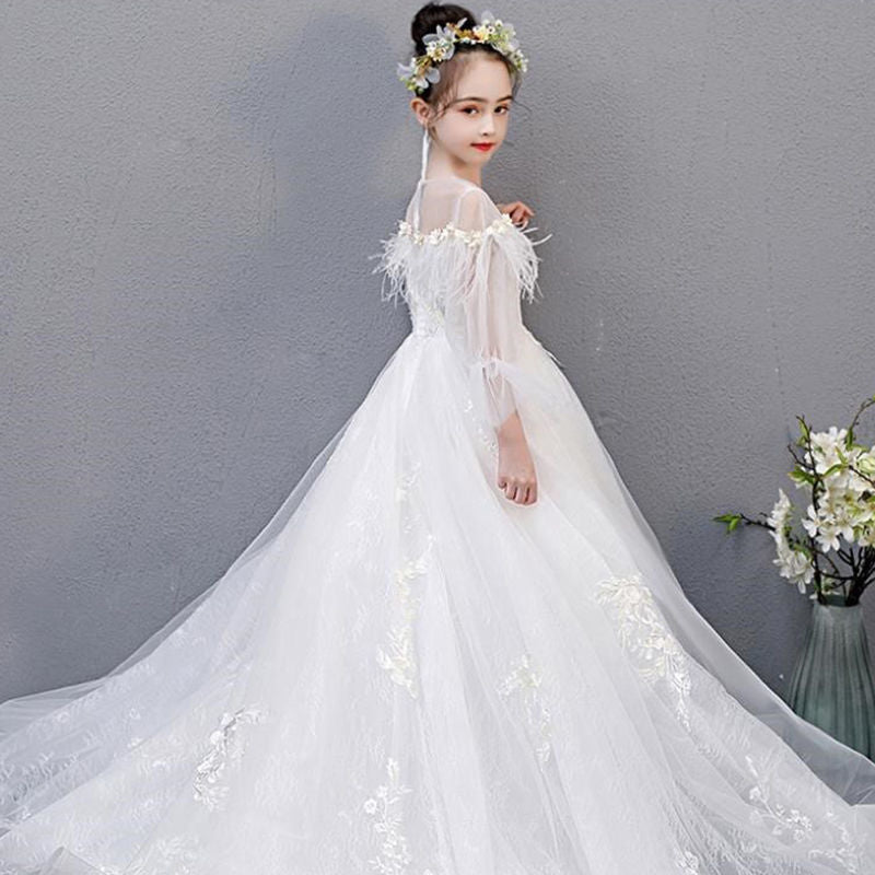 Girl's Elegant Wedding Flower Girl Lace Dress With Train