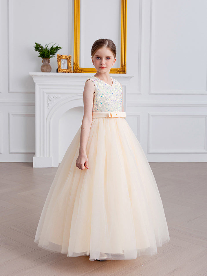 A-line Square Floor-Length Chiffon Sequin Junior Bridesmaid Dress