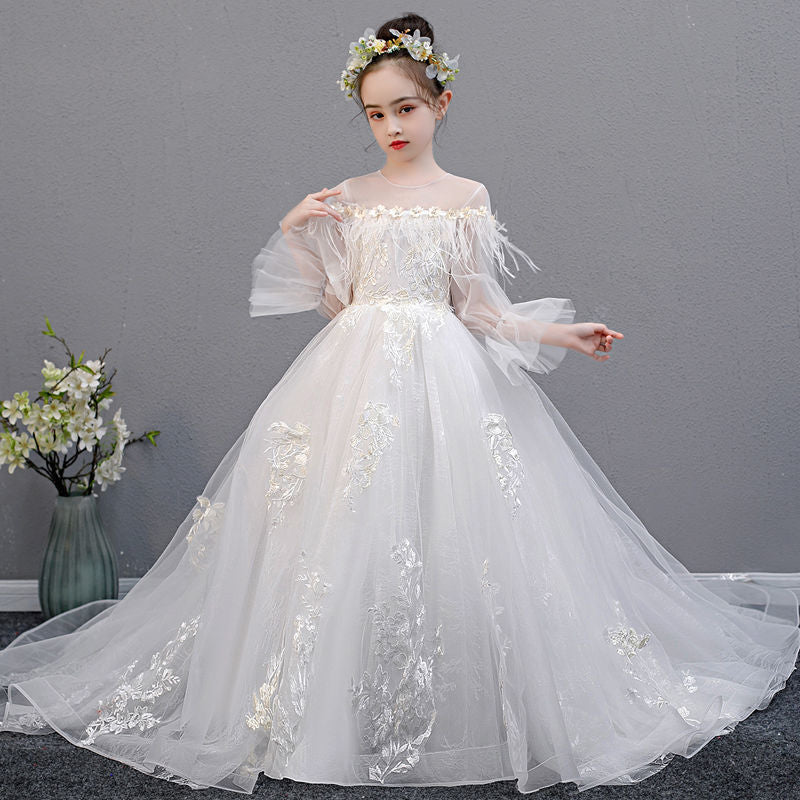 Girl's Elegant Wedding Flower Girl Lace Dress With Train