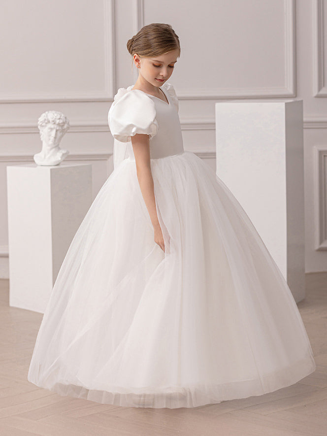 Puff Sleeve Backless Deep V Mesh Flower Girl Dress