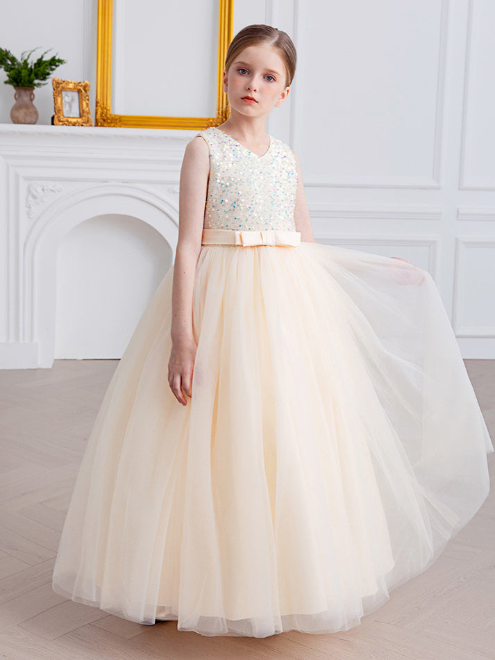 A-line Square Floor-Length Chiffon Sequin Junior Bridesmaid Dress