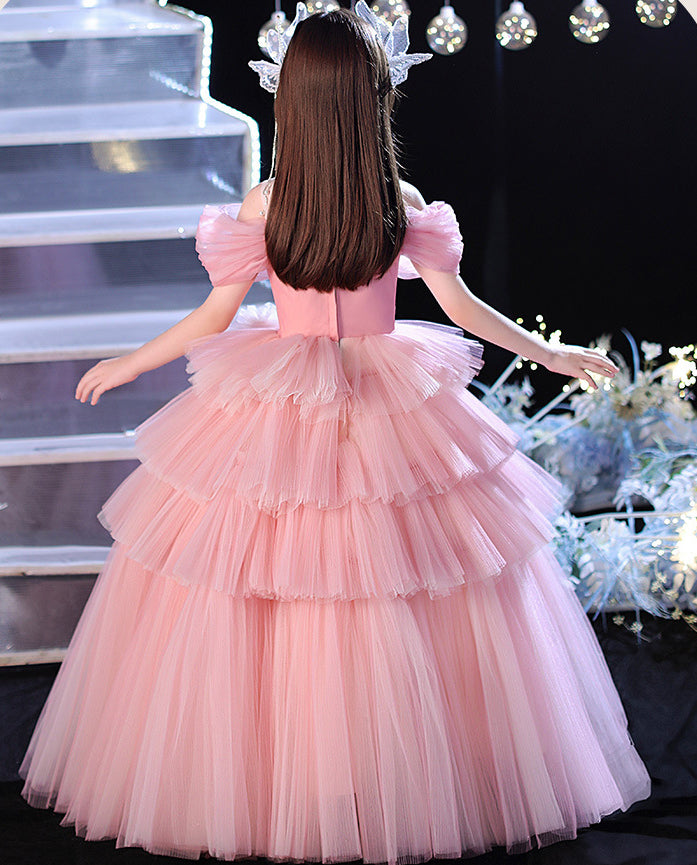 Girl's Princess Dress High End Cake Long Dress Light Luxury Pink