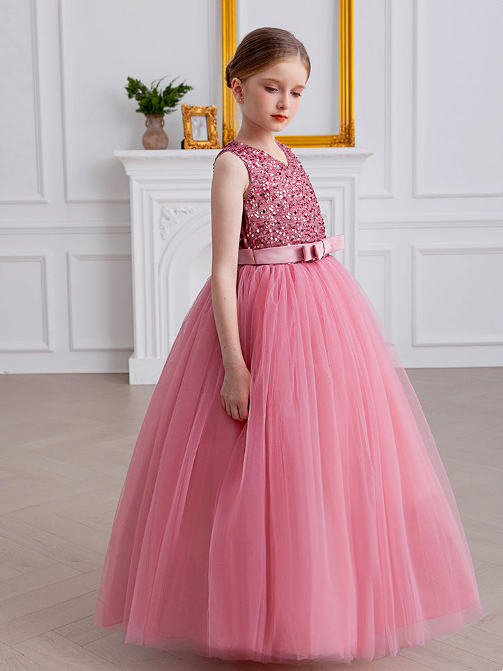 A-line Square Floor-Length Chiffon Sequin Junior Bridesmaid Dress