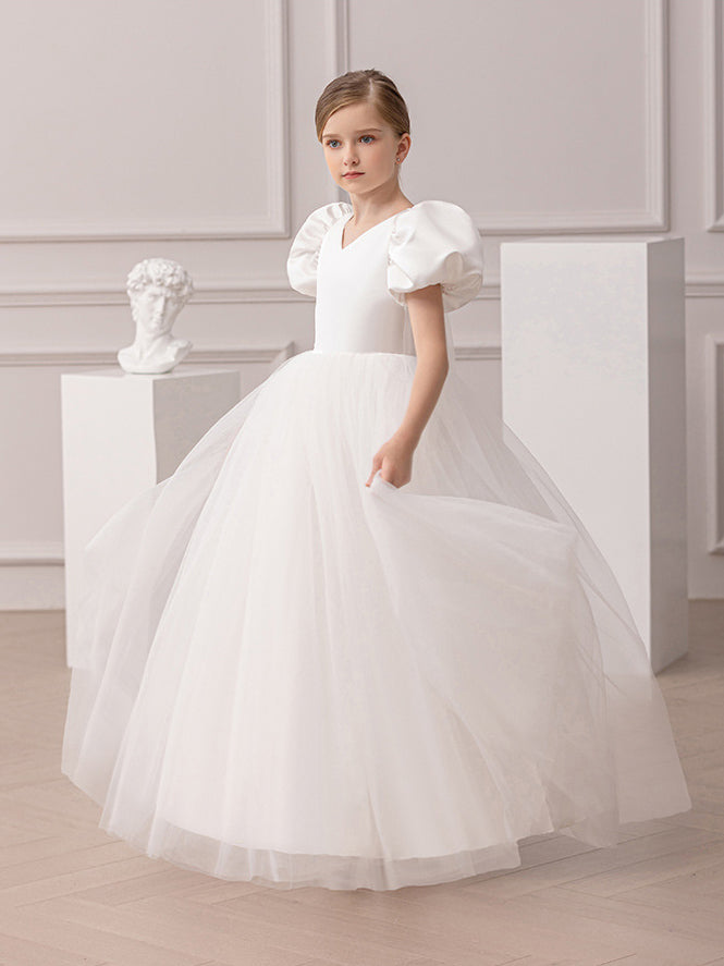 Puff Sleeve Backless Deep V Mesh Flower Girl Dress