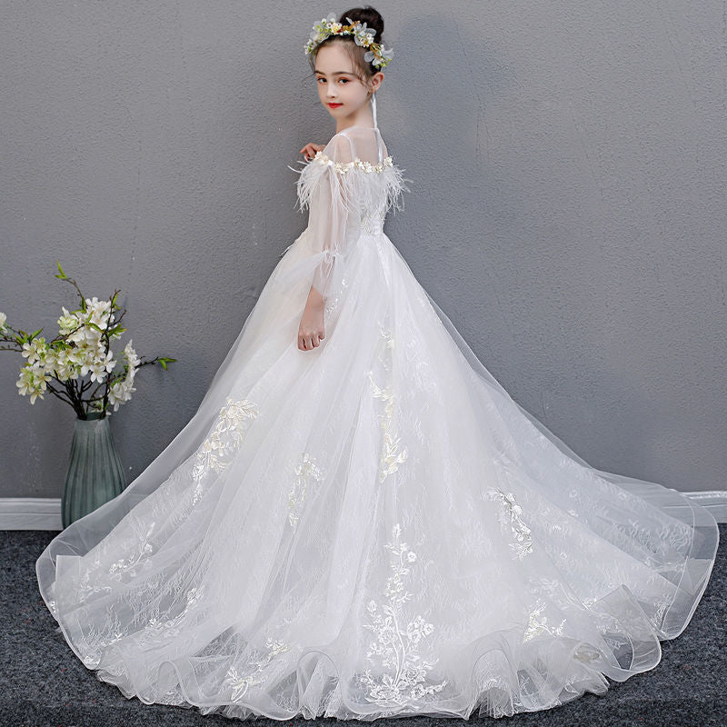 Girl's Elegant Wedding Flower Girl Lace Dress With Train