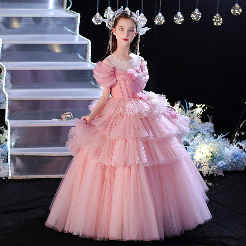 Girl's Princess Dress High End Cake Long Dress Light Luxury Pink