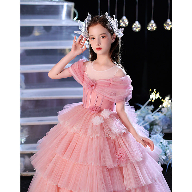 Girl's Princess Dress High End Cake Long Dress Light Luxury Pink
