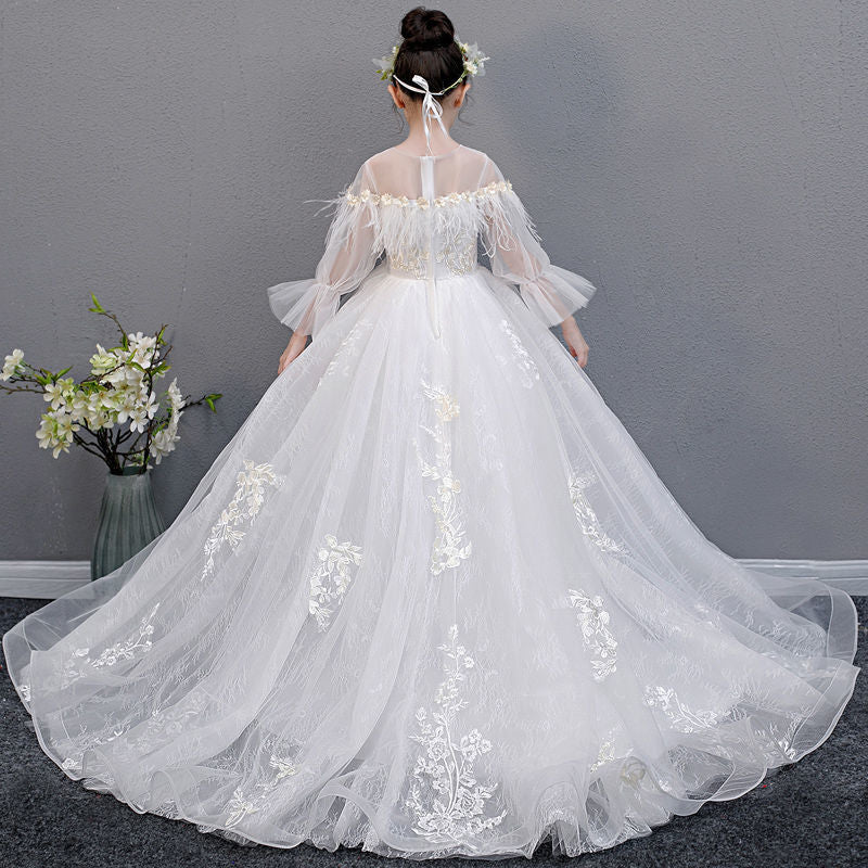 Girl's Elegant Wedding Flower Girl Lace Dress With Train