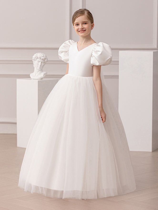 Puff Sleeve Backless Deep V Mesh Flower Girl Dress