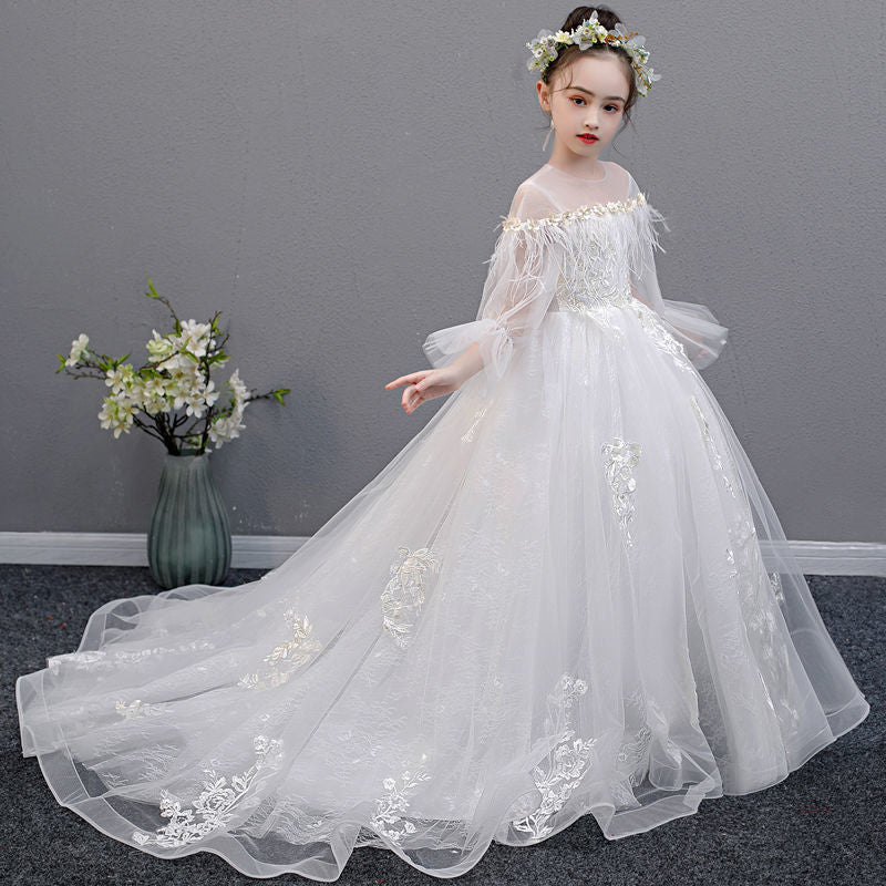 Girl's Elegant Wedding Flower Girl Lace Dress With Train