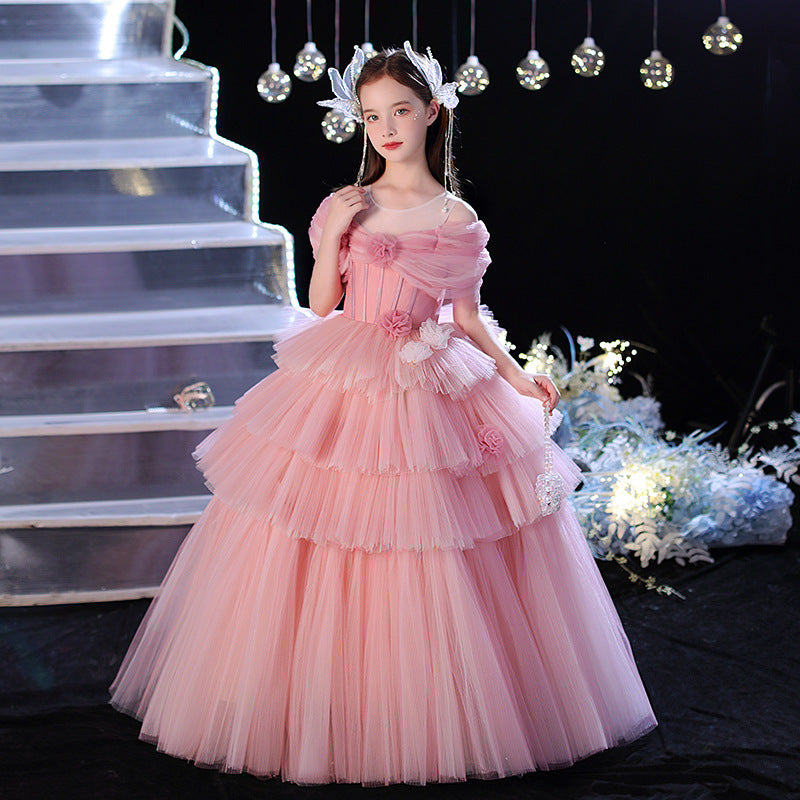 Girl's Princess Dress High End Cake Long Dress Light Luxury Pink
