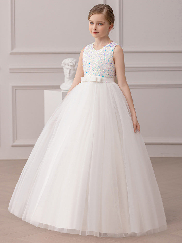 A-line Square Floor-Length Chiffon Sequin Junior Bridesmaid Dress
