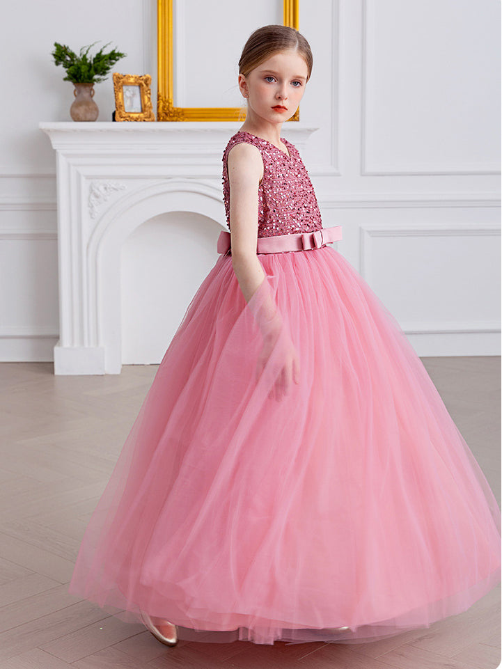 A-line Square Floor-Length Chiffon Sequin Junior Bridesmaid Dress
