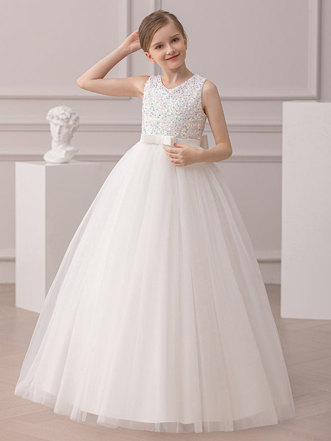 A-line Square Floor-Length Chiffon Sequin Junior Bridesmaid Dress