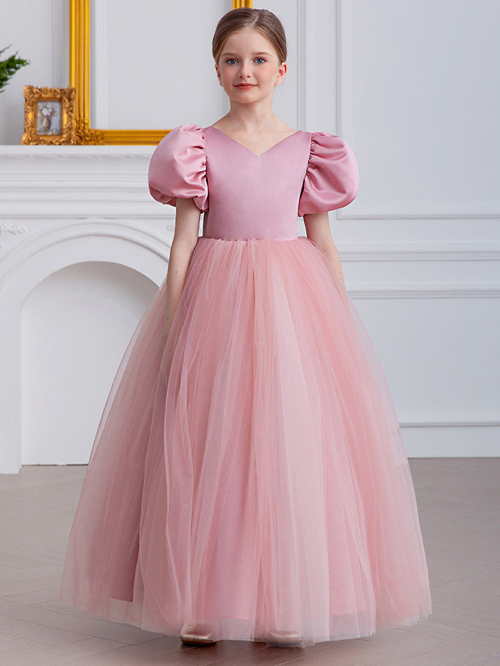 Puff Sleeve Backless Deep V Mesh Flower Girl Dress