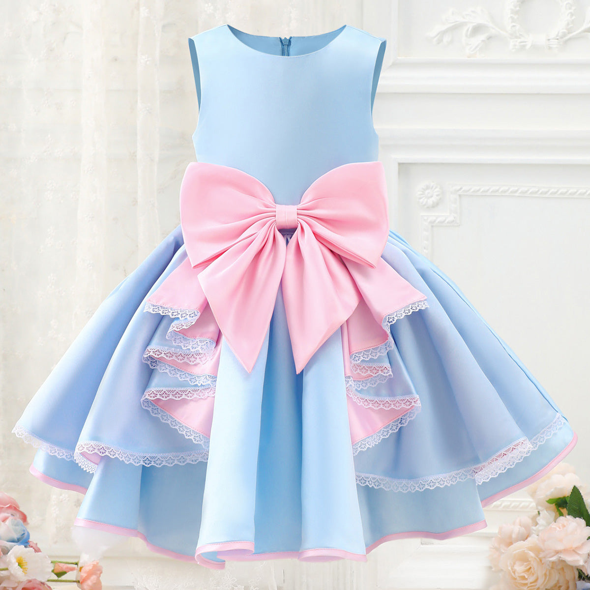 Girl's Sweet Macaron Color Blocking, Baby Blue & Light Pink With Big Bow Ruffled Skirt & Lace & Detachable Bow At Back