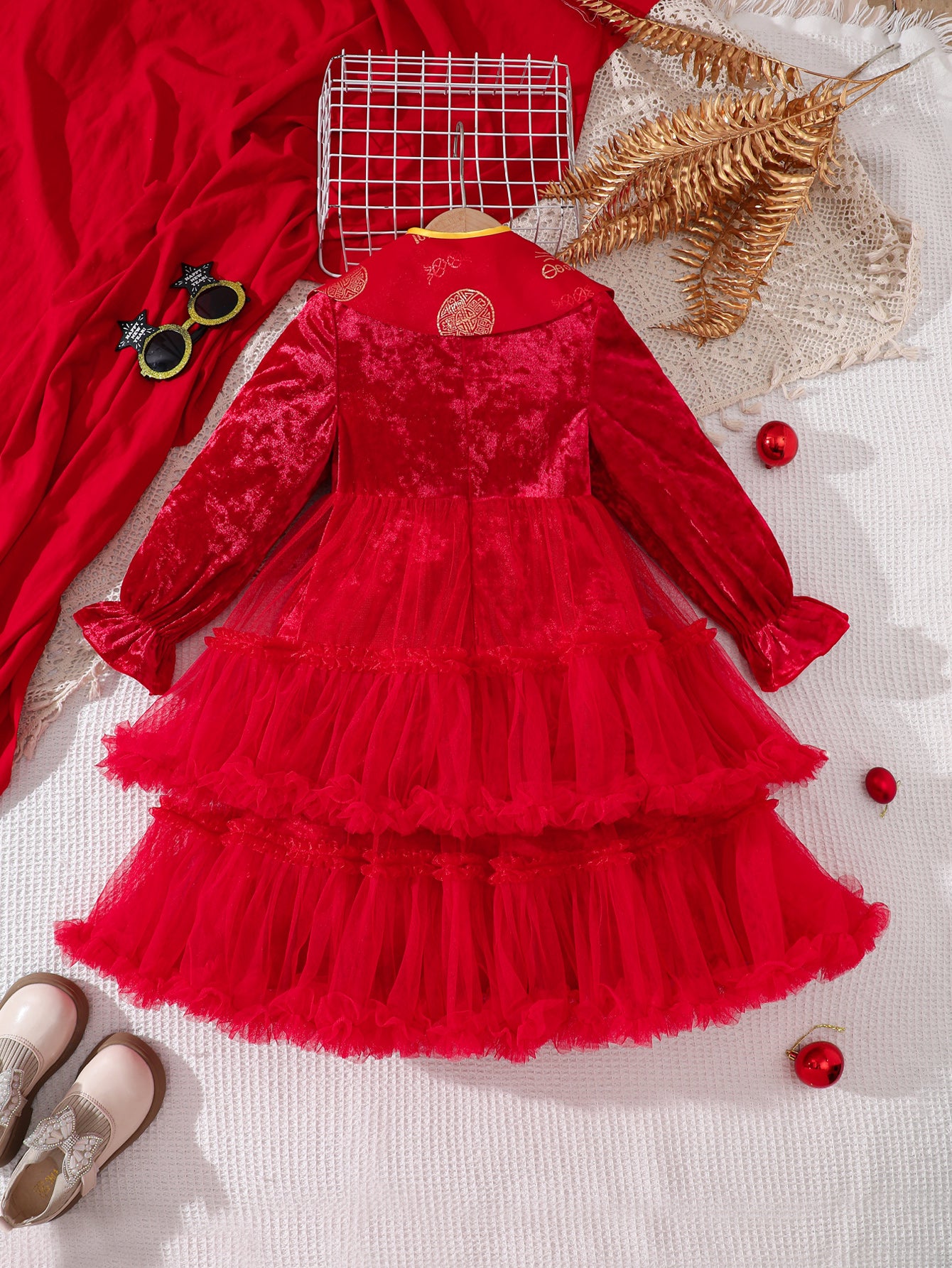 Girl's New Year's Day Party Dress New Chinese style Long Sleeve Velvet FanHao Dress Girl's New Year's Day Party Dress New Chinese style Long Sleeve Velvet FanHao Dress