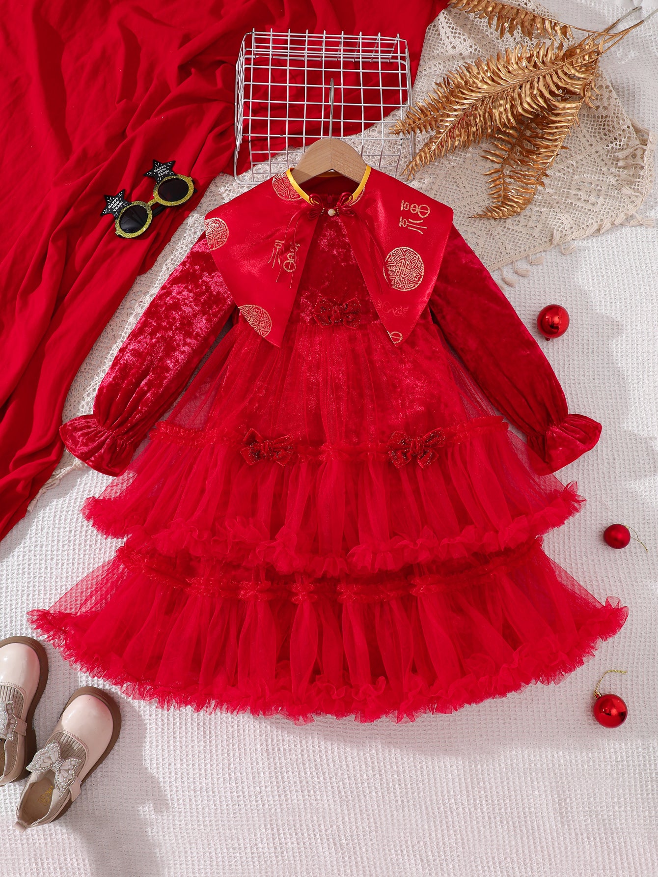 Girl's New Year's Day Party Dress New Chinese style Long Sleeve Velvet FanHao Dress Girl's New Year's Day Party Dress New Chinese style Long Sleeve Velvet FanHao Dress