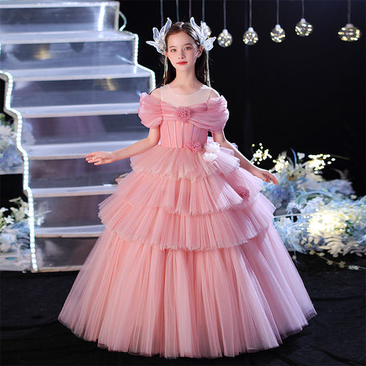 Girl's Princess Dress High End Cake Long Dress Light Luxury Pink